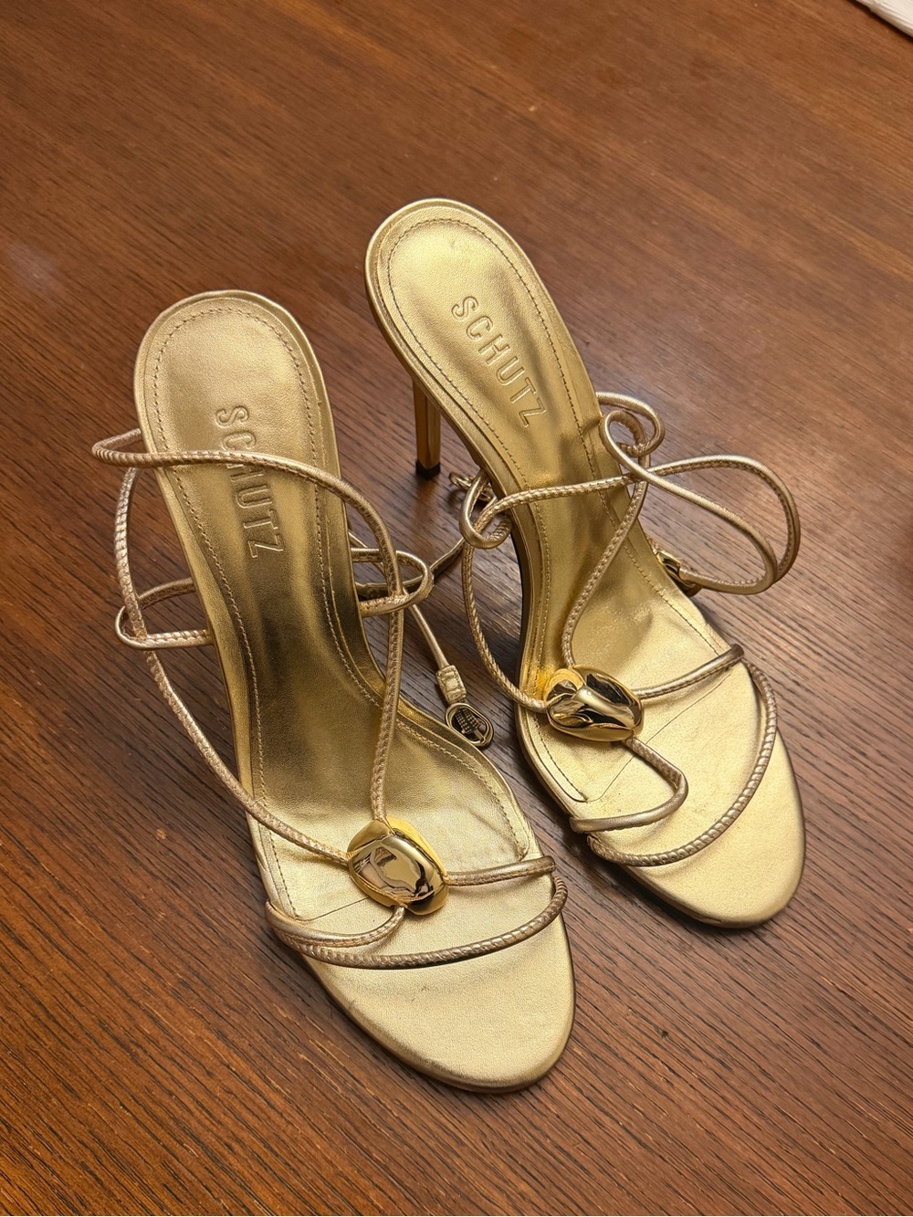 SCHUTZ Metallic Gold Strappy Stiletto Sandals Size 9